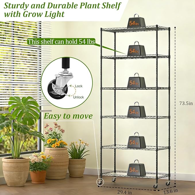 Plant Stand with Grow Light 6-Tier DIY Plant Shelf with Grow Lights for Seedlings Greenhouse Indoor 8 Pack 5000K 192W LED Full Spectrum Growing Lamp with Rack Wheel 29x13.5x73.5