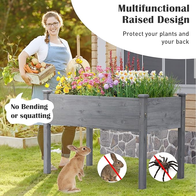 Raised Garden Bed 48” x 22” x 30” Elevated Planter Box w/Legs &amp Drainage Hole Wooden Planter Raised Bed for Vegetables Flowers Herbs Perfect for Outdoor Gardening Backyard Lawn Grey