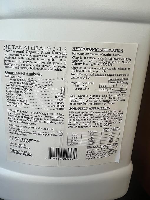 Metanaturals Plant Nutrient 3-3-3 Gallon Complete Nutrition for The Organic Garden for hydroponic or Soil