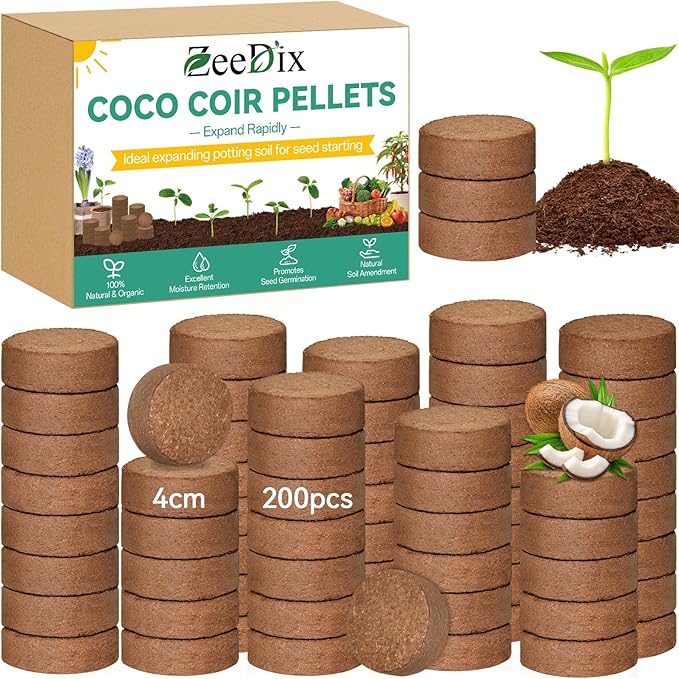 ZeeDix 200pcs(40mm) Coco Coir Pellets Potting Soil Indoor Plants Compressed Coconut Coir Soil Pellets Seed Starting Pellets Soil Discs for Planting Flowers Bonsai Herbs Plants and Vegetables