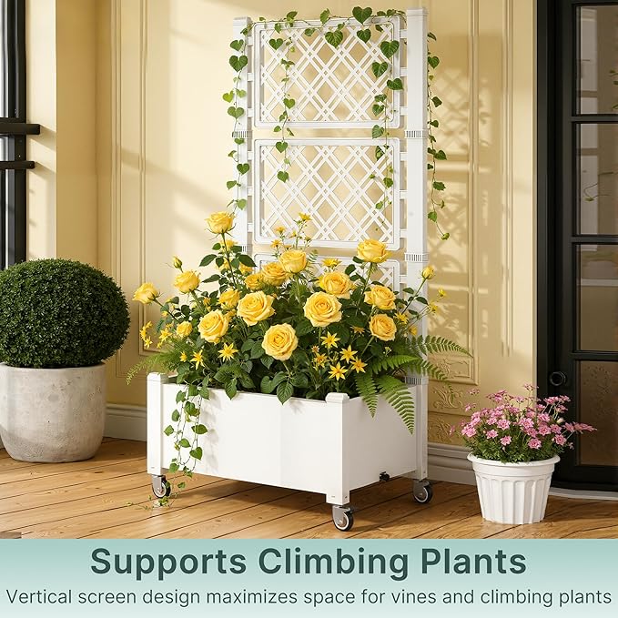 Miory 60 Raised Garden Bed with Trellis &amp Wheels Vertical Gardening Planter Box with Water Level Indicator and Drainage System for Garden Outdoor Patio Balcony
