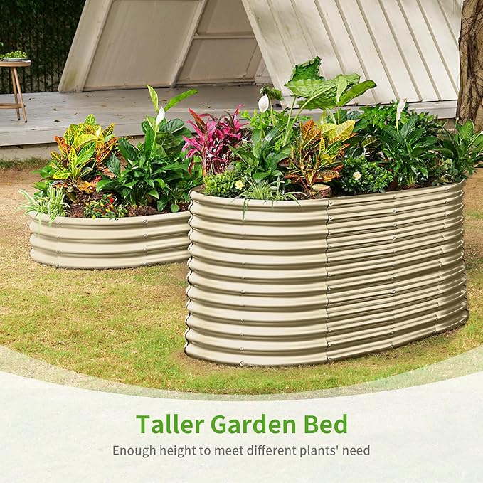 Land Guard 8x4x3ft Oval Galvanized Raised Garden Beds Large-Capacity Metal Planter Box Outdoor Durable Deep Raised Garden Bed 3ft Tall Raised Beds for Gardening Vegetables Cream Yellow