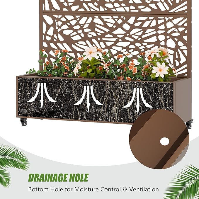 Casaphoria Metal Raised Garden Bed with Trellis and Wheels 47x47x16 Planter Box for Climbing Plants Vegetables &amp Vines Features Drainage Holes and Privacy Screen Brown-Net