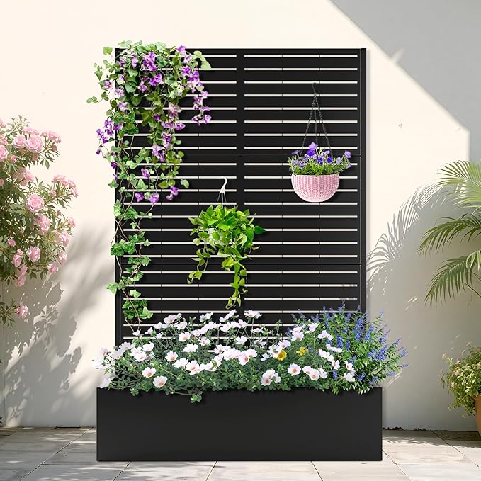 Metal Planter Box with Trellis Planter Box with Privacy Screen Privacy Trellis Outdoor for Climbing Plants with Drainage Holes Raised Garden Bed for Vegetables