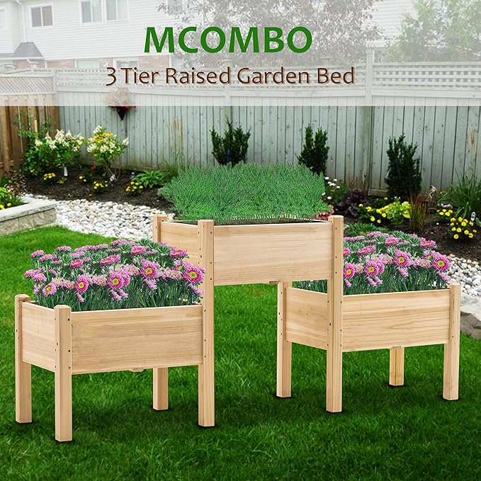 MCombo Raised Garden Bed 3 Tier Outdoor Wood Elevated Planter Box Kit Raised Garden Boxes for Vegetables Herb and Flowers 72 x 17.7 x 31.5 Inches 0908 (Natural)