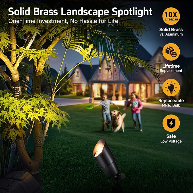 Gardenreet 12V Landscape Spotlight Bundle - 12 Pack Brass Spotlight 65FT 16/2 Cable Outdoor Waterproof LED Fixture for Garden Wall Tree with 5W 2700K Warm White MR16 Bulb