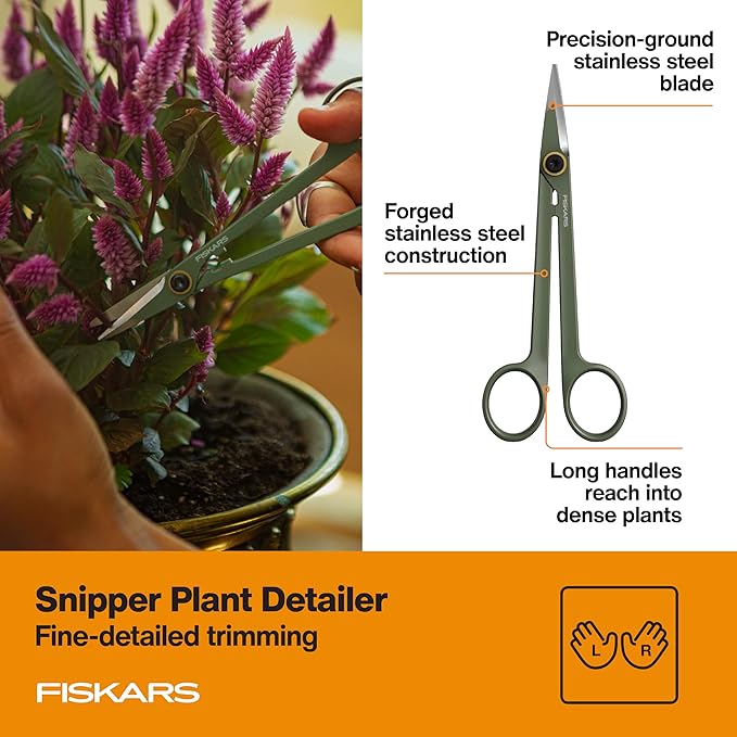 Fiskars Indoor Plant Care 3-Piece Set Precision Gardening Tools with Nesting Storage Caddy Detail Snips Stem Shears &amp Bypass Pruner for Trimming &amp Shaping Houseplants Stainless Steel Blade