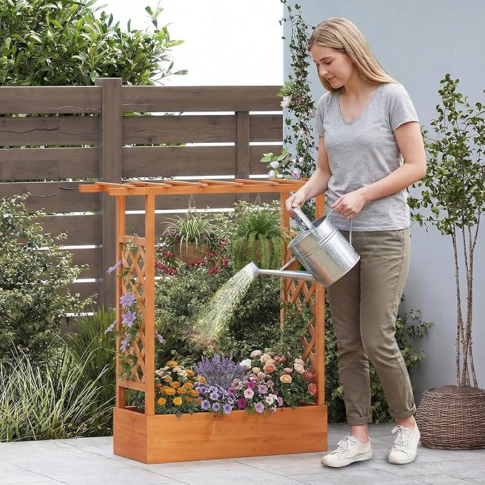 S AFSTAR Raised Garden Bed with Trellis 2 Pieces Fir Wood Planter Box with Flat Roof &amp Drainage Holes Vertical Planter Raised Bed for Climbing Plants Flowers &amp Vegetables 43 x 14 x 45 (