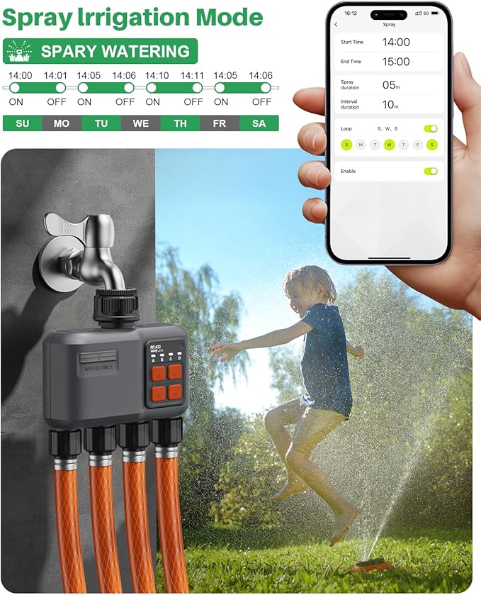 WiFi Sprinkler Timer 4 Zone with 984 Feet RF Gateway 4 Outlet Smart Water Timer for Garden Hose with Rain Delay/Manual/AutomaticWiFi Water Hose Timers for Garden &amp Lawns