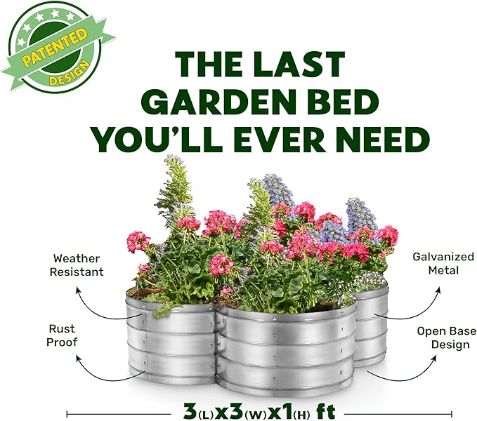 Plant &amp Plot Galvanized Raised Garden Beds Outdoor // 3×3×1 ft Planter Raised Beds for Gardening Vegetables Flowers // Large Metal Garden Box (Silver) // Patented Tool-Free Design