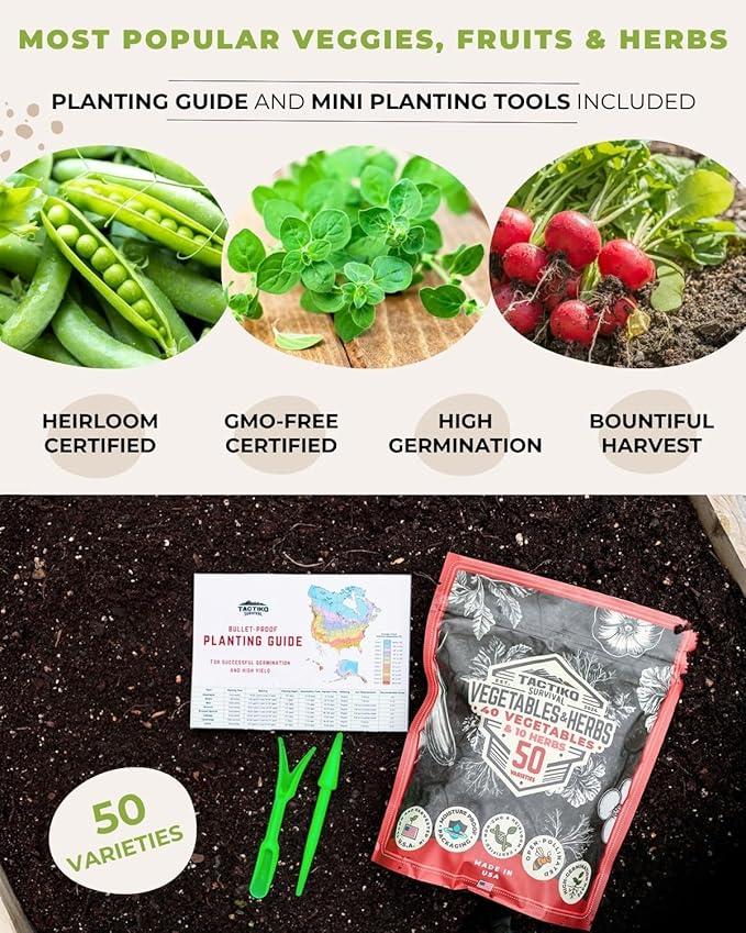 50 Tactiko Survival Vegetable Herb &amp Fruit Seed Kit - U.S.A. Harvested Varieties - Over 35000 Non-GMO Heirloom Seeds - Emergency Seed Vault in Waterproof Mylar Bag - Long-Term Storage