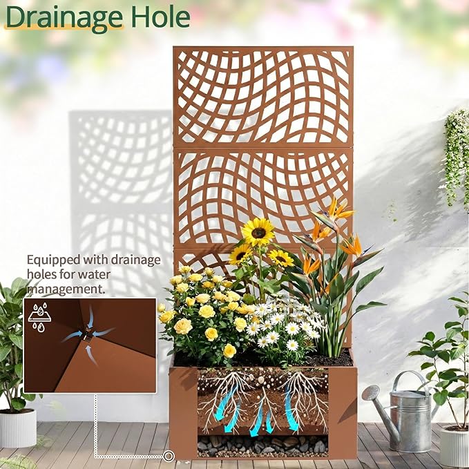 Outvita Metal Planter Box with Trellis 71’’ x 32’’ x 16’’ Raised Garden Bed with Drainage Holes for Climbing Plants Vegetables Vines Wavy Grid Cutout Privacy Planters for Patio (Brown)