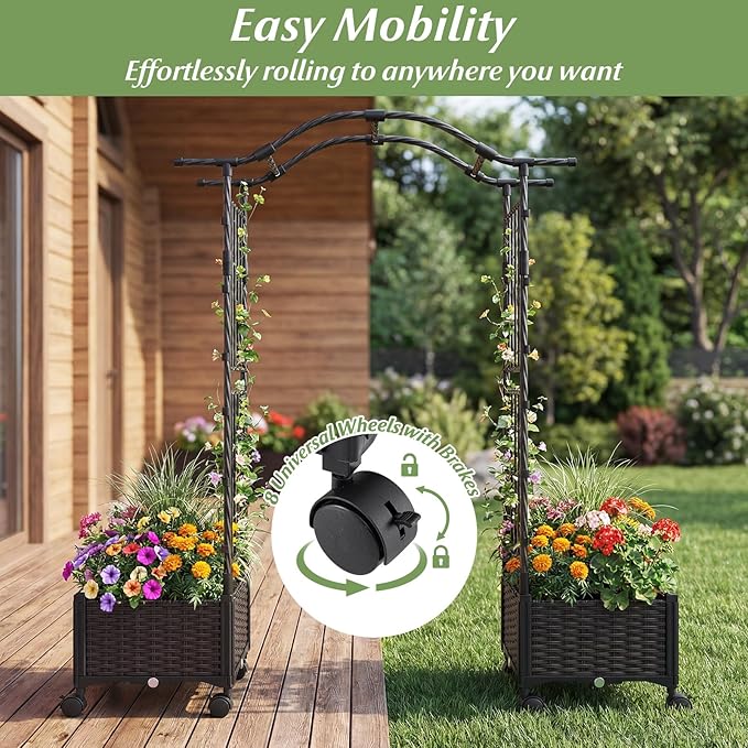 Giantex Planter Boxes with Arch Trellis 5FT Self-Watering Tall Raised Garden Bed w/Wheels Hanging Roof &amp Drainage Holes Outdoor Indoor Tomato Planter for Climbing Vines Vegetables Flowers