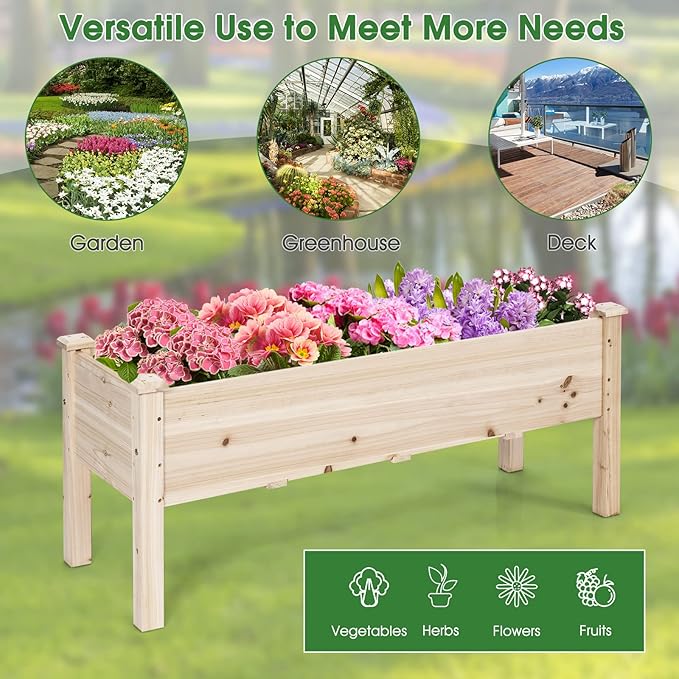 Raised Garden Bed Wood Elevated Planter Box Stand w/Legs &amp Drainage Holes for Vegetables Outdoor Plant Container for Backyard Patio Balcony Greenhouse Easy Assembly 47.5 x 17 x 20