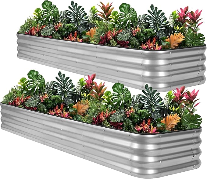 1MORE Raised Garden Bed -8X2X1 Galvanized Planter Box for Outdoor Gardening5 in 1 Modular Raised Bed Kit with Protective Tape Gloves for HerbIdeal for Vegetables and Plants.Sliver-2pack