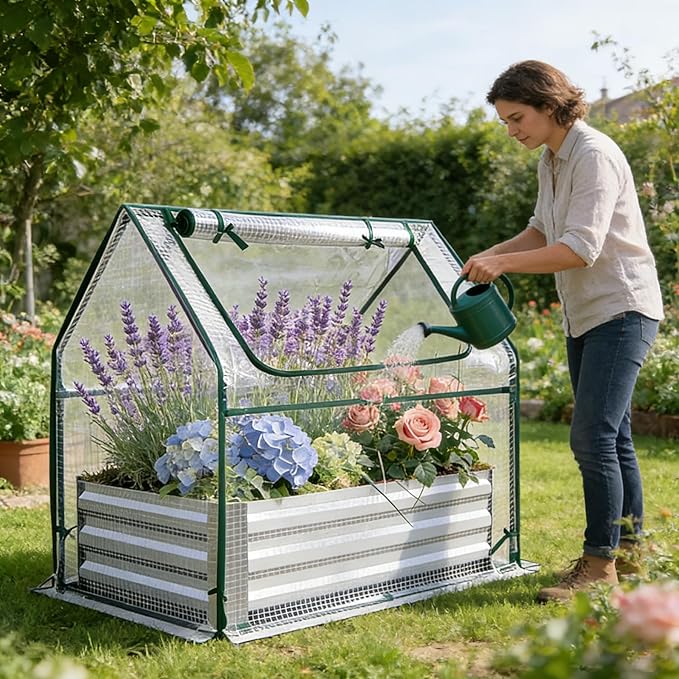 Miory Raised Garden Bed with Cover 3.9x2.5x1ft Galvanized Steel Planter with Mini Greenhouse Cover Dual Zippered Screen Windows Open Base for Vegetable Gardening