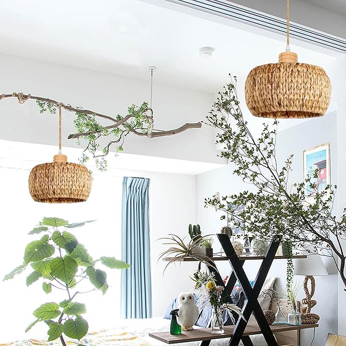 Full Spectrum Plug-in Lamp with Fan Timer Swag Hanging Boho Plant Growing Light by Remote Control Hemp Rope Cord Dimmable Water Hyacinth Drum Shape for Indoor Planting Portable 30W
