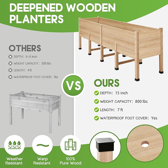 SPECRAFT 7x2 Ft Wooden Raised Garden Bed with Legs - 15 Inch Deepth Elevated Planter Box for Deep-Rooted Plants Ideal for Patio Easy Assembly