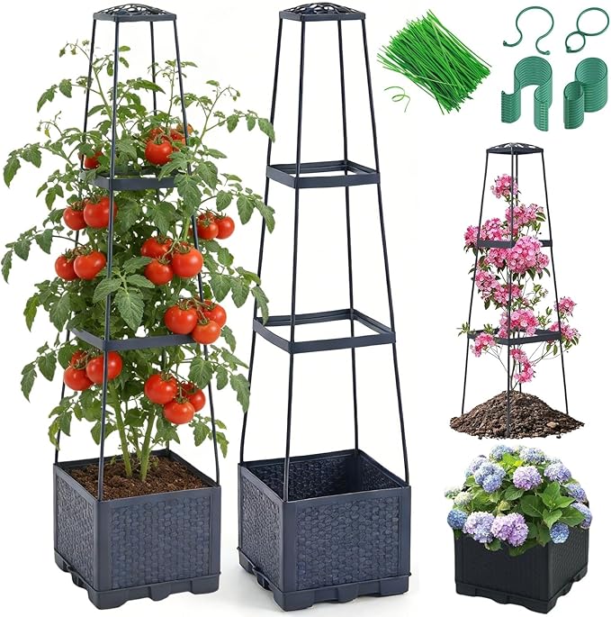 2 Pack Raised Garden Bed Tomato Planter with Trellis - 45 Self Watering Planters Box with Trapezoidal Trellis for Climbing Plants Vegetables Flowers - Tomato Cages for Greenhouse Indoor Outdoor