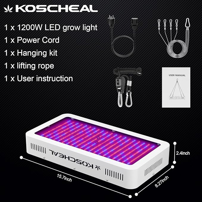 KOSCHEAL KS2000 LED Grow Light Full SpectrumPlant Grow Light with Veg &amp Bloom Switch for Hydroponic Indoor Plants LED Grow Lamp with Daisy Chain Output 230W±5%