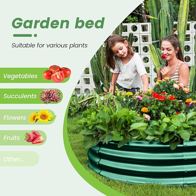 Land Guard 2×2×1ft Galvanized Raised Garden Bed Kit Round Galvanized Planter Raised Garden Boxes Outdoor Large Metal Raised Garden Beds for Vegetables Green