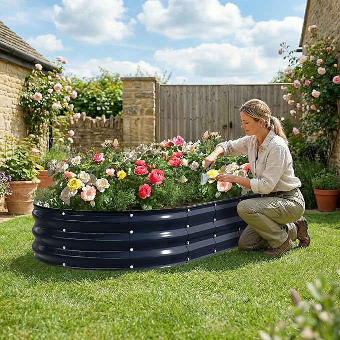 Kesfitt Raised Garden Bed 6x3x1 FT Galvanized Steel Metal Raised Garden Bed Oval Open-Bottom Design 12-Inch Deep for Outdoor Vegetable &amp Herb Gardening Midnight Blue