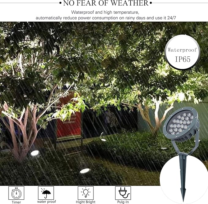 Outdoor LED Spotlight Waterproof Bright Outdoor Landscape Automatic Timer Mini Lawn Lamp 24W Graden Lights with Ground Stake Lawn Decorative Lamp with Plug Courtyard Flag Light Warm White