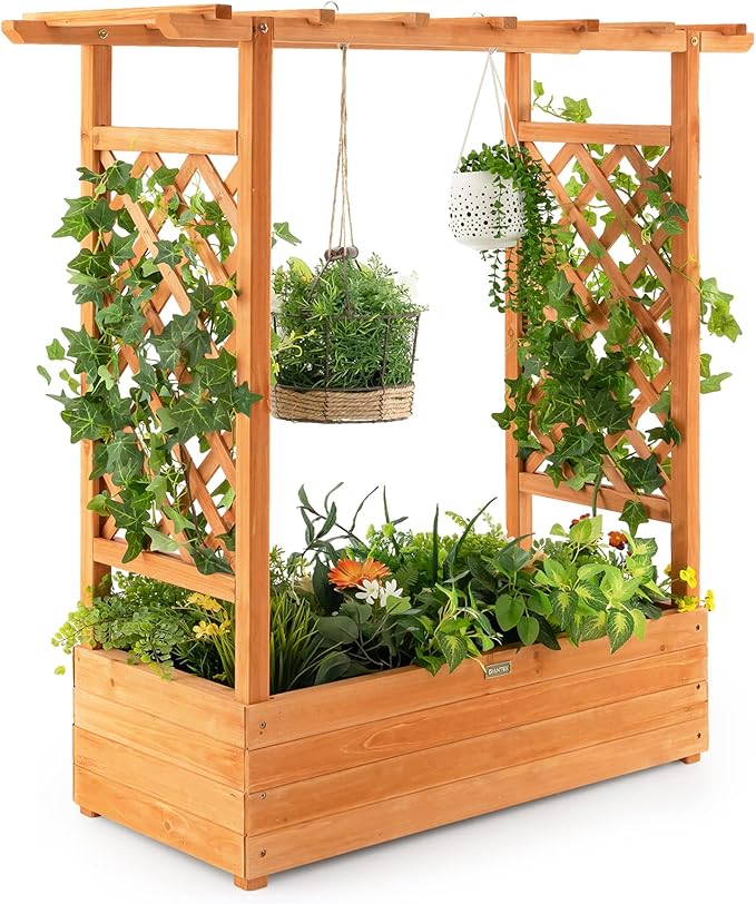 Giantex Raised Garden Bed with Trellis Wood Planter Box with Roof &amp Side Trellis Drain Holes Elevated Raised Bed with Trellis for Climbing Plant and Pot Hanging Indoor Outdoor Patio Balcony