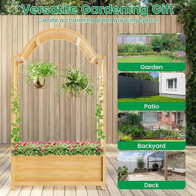DoCred Raised Garden Bed with Trellis Freestanding Wood Planter Box with Hanging Roof Side Trellis Above Ground Elevated Garden Bed Outdoor Planter with Arch Trellis for Climbing Plants Vines Patio
