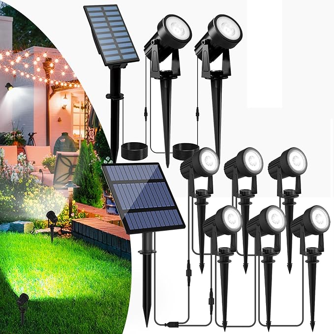T-SUNUS Solar Spot Lights Outdoor IP65 Waterproof White 6000K Landscape Spotlights 9.8ft Cable Separate Panel Auto Dusk to Dawn Dimmable for Flag Yard Garden Patio Driveway Pathway Garage