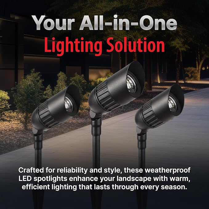 6-Pack Outdoor Low Voltage Landscape Spotlights 6×3W 200LM 3000K Warm White Dusk to Dawn IP65 Waterproof Path Lights with Transformer 60FT Cable &amp Ground Stakes