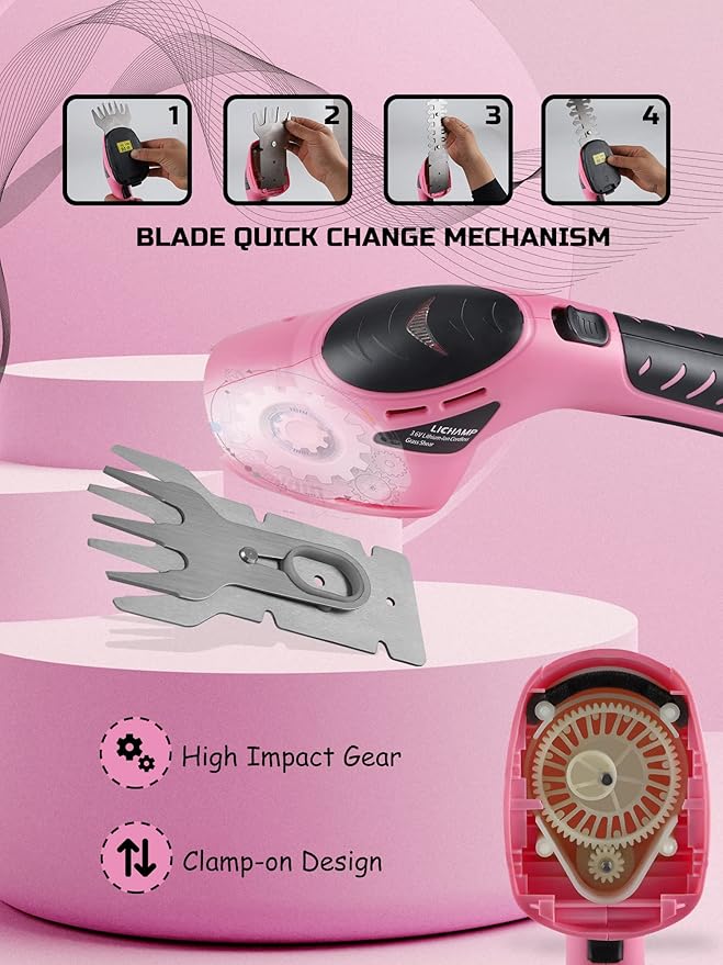 Lichamp 2-in-1 Electric Hand Held Grass Shear Pink Hedge Trimmer Shrubbery Clipper Cordless Battery Powered Rechargeable for Garden and Lawn CGS3602PK Pink