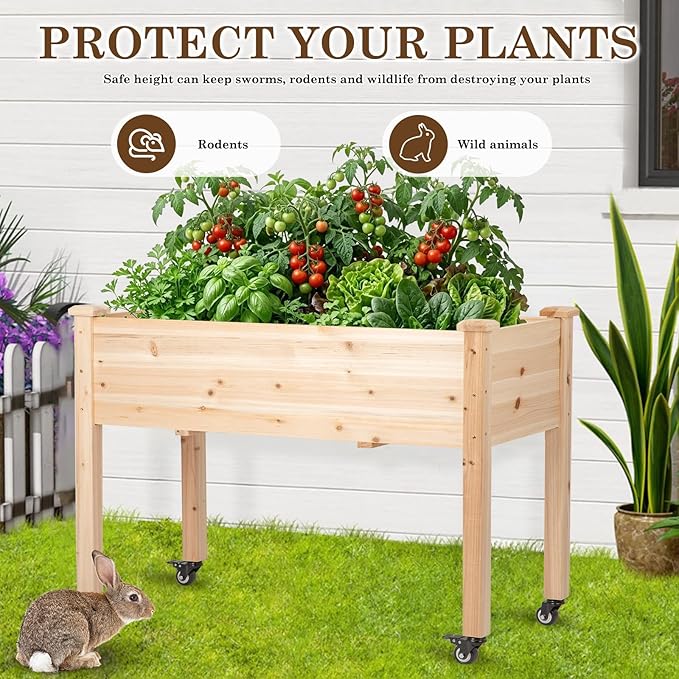 Raised Garden Bed with Lockable Wheels 48x24x32 inch Elevated Wood Planter with Protective Liner for Vegetable Flower Herb Outdoor Balcony Patio Backyard Natural