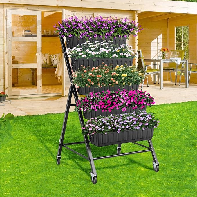 Suyncll Vertical Raised Garden Bed Planter Box 5 Tiers Vertical Garden Planter with Drainage System and 4 Hooks for Plants Vegetables Flowers (Black with Wheels)