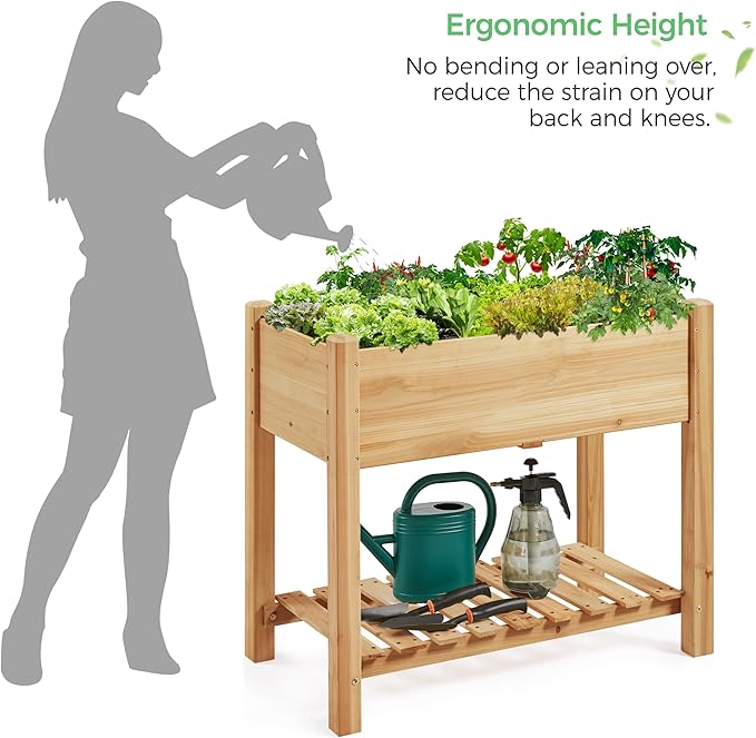 Yaheetech 34x18x30in Horticulture Raised Garden Bed 2pcs Planter Box with Legs &amp Storage Shelf Wooden Elevated Vegetable Growing Bed for Flowers Backyard Patio Balcony Light Brown