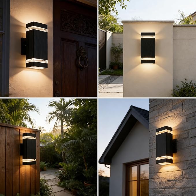 Square Dusk to Dawn Outdoor Lighting Up and Down LED Porch Lights Aluminum Outdoor Wall Lights with 2 * 7W Bulbs 3000K Waterproof Exterior Lighting Fixtures for House Porch Garage Patio Black