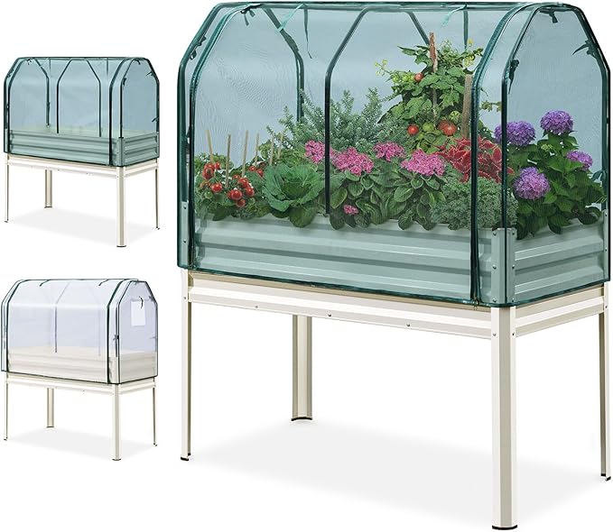 KING BIRD Raised Garden Bed with Cover &amp Netting Galvanized Elevated Large Planter Box with Legs for Backyard Patio Balcony 400lb Capacity Beige 48×24×56 in