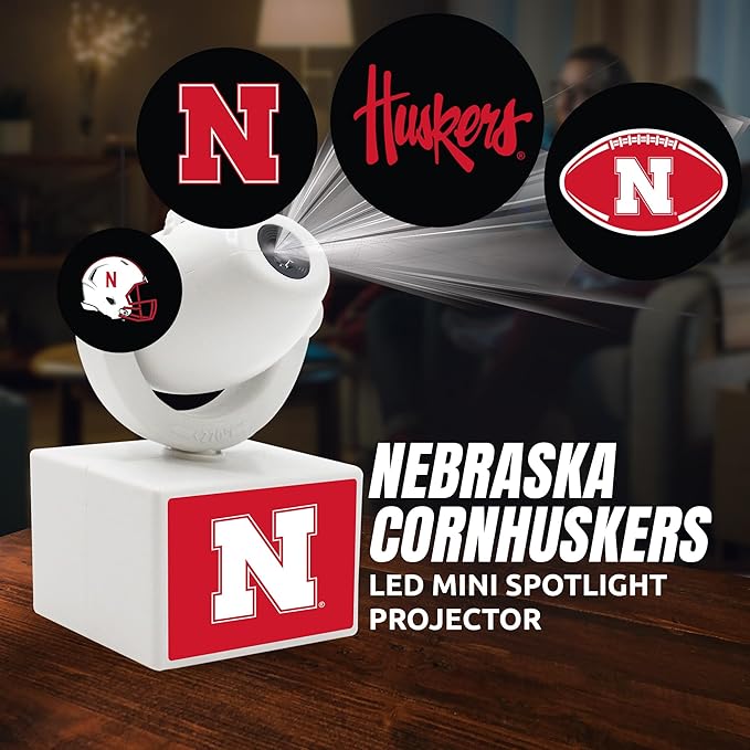 Sporticulture NCAA American Football Nebraska Cornhuskers - Adjustable Led Mini Spotlight Projector with 6 Team Logo Designs - Portable &amp Rechargeable Spotlight - Battery-Operated - 4.375” x 3.125
