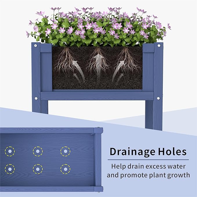 HDPE Raised Garden Bed with Legs All-Weather Outdoor Planter Box Easy to Assemble Drainage System Low Maintenance Non-Fading for Flower/Herb/Seed (Navy Blue)