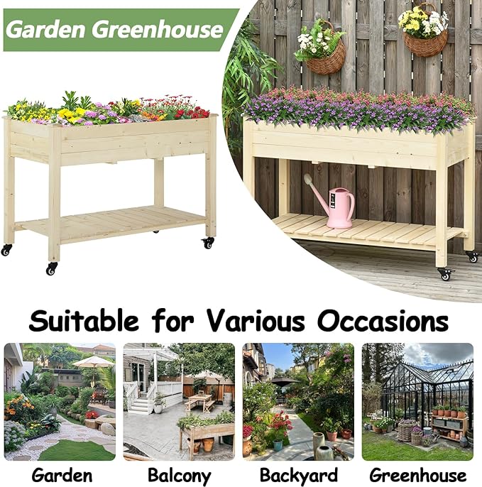 Elevated Herb Garden BedWooden Standing Planter Box with WheelLegs and Storage ShelfPatio Raised Garden Bed for HerbsVegetablesFlowers (Cream White 46.5 Inch)
