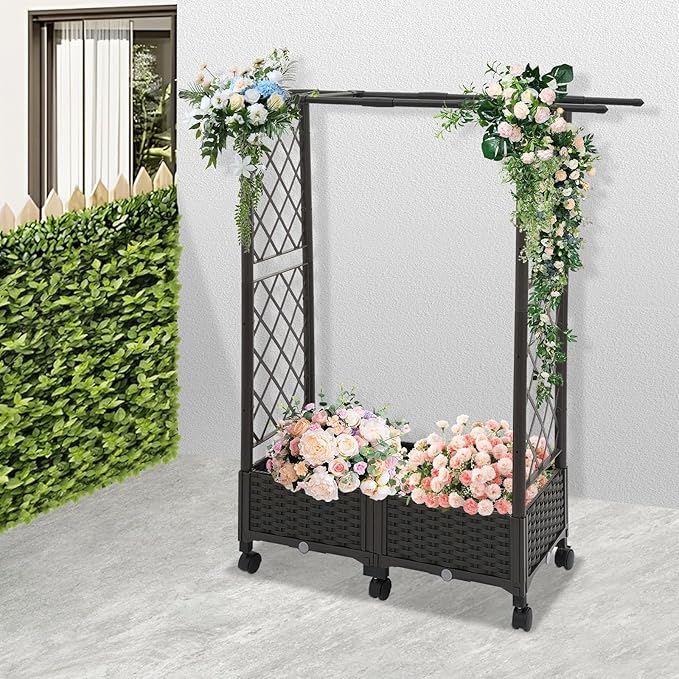 Planter with Trellis Raised Garden Beds 4.24ft Tall with 6 Wheels Indoor Outdoor Vegetable Flower Privacy Planter Box for Backyard Balcony Patio