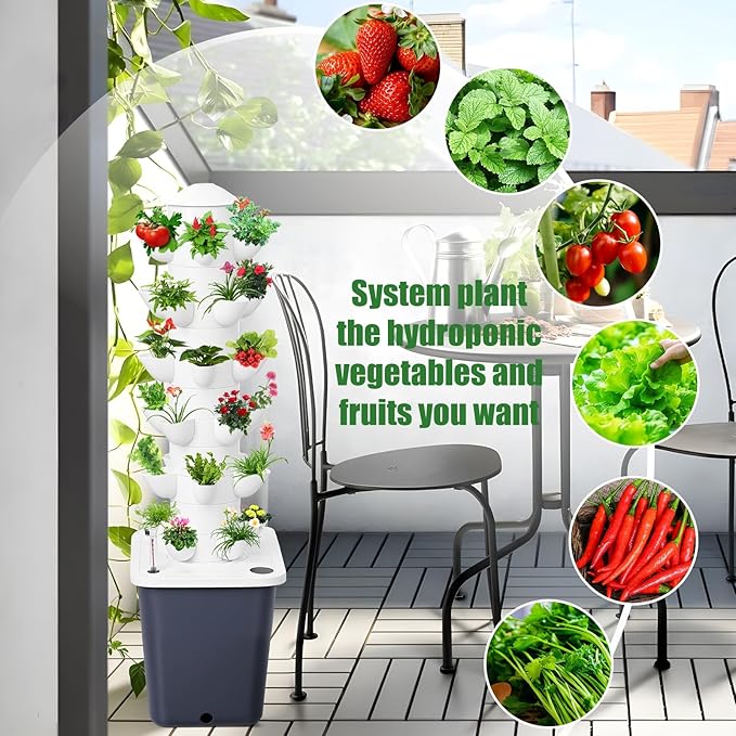 Hydroponic Growing Tower 1 Set 6 Layers 30 Plant Vertical Planter Kit Indoor Hydroponics System with 10L Tank Soilless Cultivation Garden Tower for Herbs Vegetables Fruits Black