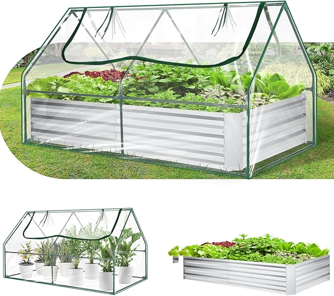 SEJOV 6x3x1ft Galvanized Raised Garden Bed with Cover &amp 2 Large Windows Mini Greenhouses for Outdoors Metal Planter Box Kit for Vegetables Flowers Herbs 1 Pair of Gloves Included Clear