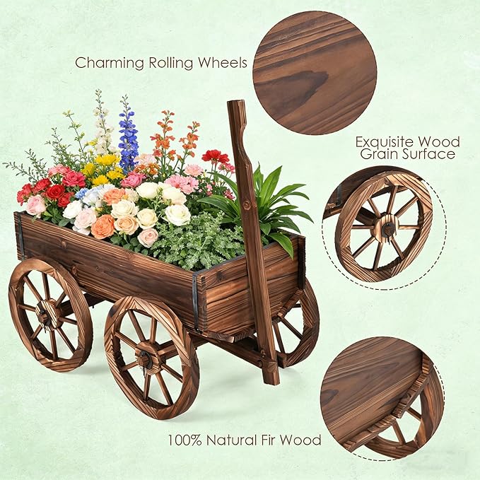 COSTWAY Wood Wagon Flower Planter Pot Stand with Wheels for Home Garden Indoor Outdoor Decor