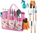 Gardening Tools 9-Piece Heavy Duty Garden Hand Tools with Fashion and Durable Garden Tools Organizer Handbag Rust-Proof Garden Tool Set Ideal Gardening Gifts for Women (Pink)