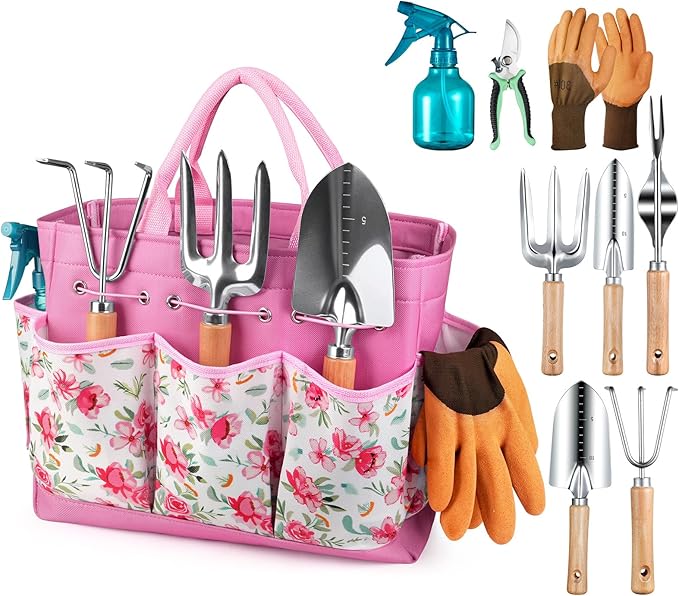 Gardening Tools 9-Piece Heavy Duty Garden Hand Tools with Fashion and Durable Garden Tools Organizer Handbag Rust-Proof Garden Tool Set Ideal Gardening Gifts for Women (Pink)