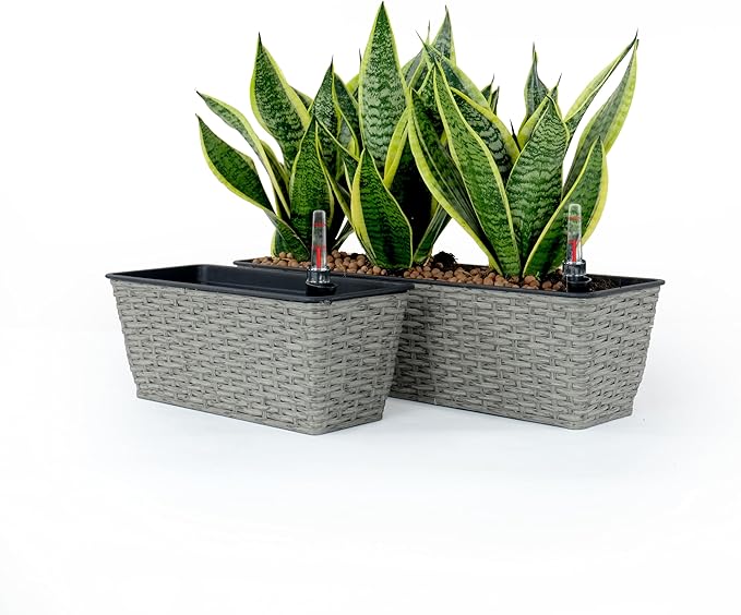 2 Pack Smart Self Watering Rectangle Planter for Indoor and Outdoor Hand Woven Wicker Gray
