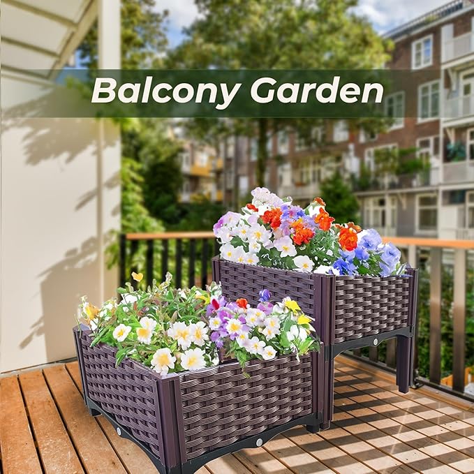 Plastic Raised Garden Bed Set of 2 Planter Grow Boxes 14.5 H Elevated Garden Boxes for Indoor &amp Outdoor Patio Vegetable Fruit Flower Herb