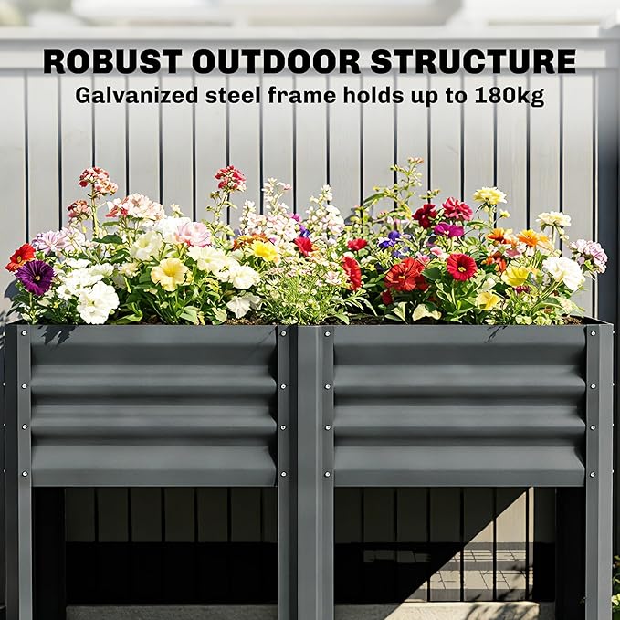 Outsunny Galvanized Steel Raised Garden Bed with Storage Shelf and Bed Liner Elevated Planter Box with Legs for Flowers Vegetables and Herbs for Outdoor Patio Yard Glove Included Dark Gray