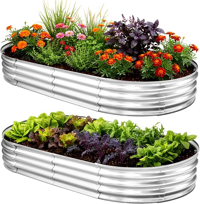 TATAANTY Galvanized Raised Garden Bed Kit Rust-Resistant Planter Garden Boxes Outdoor Oval Large Metal Raised Garden Beds for Vegetables Easy to Set Up - 4x2x1ft (2 Pack)